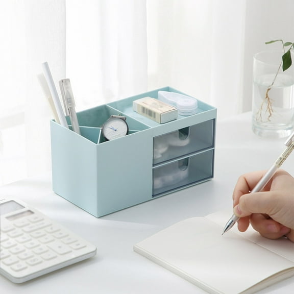 PureCasa Desktop Organizer with Pencil Holder, 2-Drawer Desk Organizers for Pens Pencils and Cosmetics, Desk Storage Box for Office and , Light Blue, 1 Pack, 6.9"x3.5"x3.6"