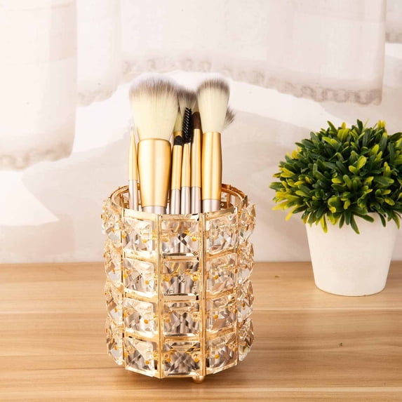 PureCasa European Style Metal Frame Crystal Pencil Holders, Aesthetic Shiny Desk Organizers for Stationery and Cosmetic Brush, Desktop Supplies, 3.9"x3.9"x4.7", 1 Pack, Gold