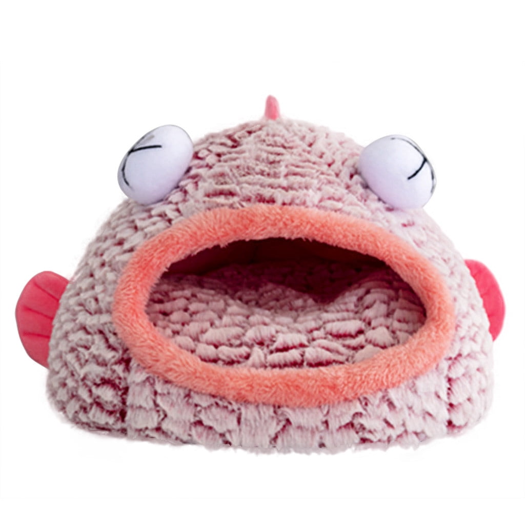 PureCasa Funny Fish Shape Semi-Enclosed Dog Cat Bed for Fall Winter, Comfortable Warm Plush Fluffy Pet Pad House Kennel, Sleeping Cushion Pads for Small Cats Dogs, Round, 1 Pack, S 14"x16", Pink