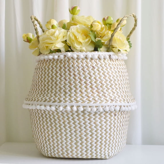 PureCasa Home & Garden Decor Seagrass Wicker Flower Basket for Indoor Outdoor, Macrame Woven Plant Pots for Balcony Patio Living Room, Boho Rustic Style Decoration, 11"x11"x12.6", White, 1 Pack