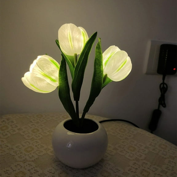 PureCasa Imitation Tulip Flower Shaped LED Small Table Lamp, Home Decor ABS Table Lamps for Family Bedroom Living Room, Rechargeable Night Light for Gifts, 1 Pack, White