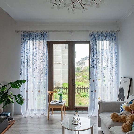 PureCasa Leaves and Birds Printed Semi Sheer Curtains for Bedroom Balcony, Voile Window Treatment Window Curtain for Living Room, 1 Panel, Rectangle, 40"x80", Blue