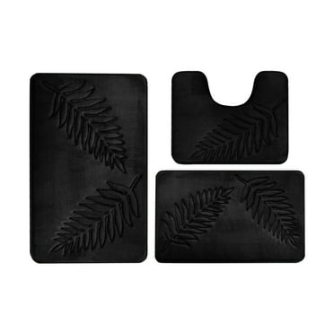 PureCasa Leaves Pattern Bathroom Rugs 3-Piece Set with Bath Rug 1PC 20"x32" + 1PC 16"x24" and U-Shaped Toilet Mat 1PC 15"x18", Modern Style Home Decor Floor Mats, 3PC, Set of 3, Black