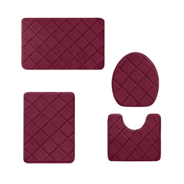 PureCasa Non-Slip Bathroom Floor Mats Set with 1PC 15"x16" & 1PC 16"x24" Bath Rugs, 1PC 15"x16" Closestool Lid Cover, 1PC 16"x20" U-Shaped Mat, Polyester, Rubber Back, Grid, 1PC, Set of 4, Red