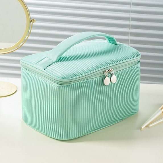 Hgallory Portable Handbag Travel Makeup Bag for Women Girls, 10.2"x6.7"x5.9" Aesthetic Large Capacity Cosmetic Bags PU Leather Makeup Case for Travel Daily Use, Rectangle, 1 Pack, Mint Green