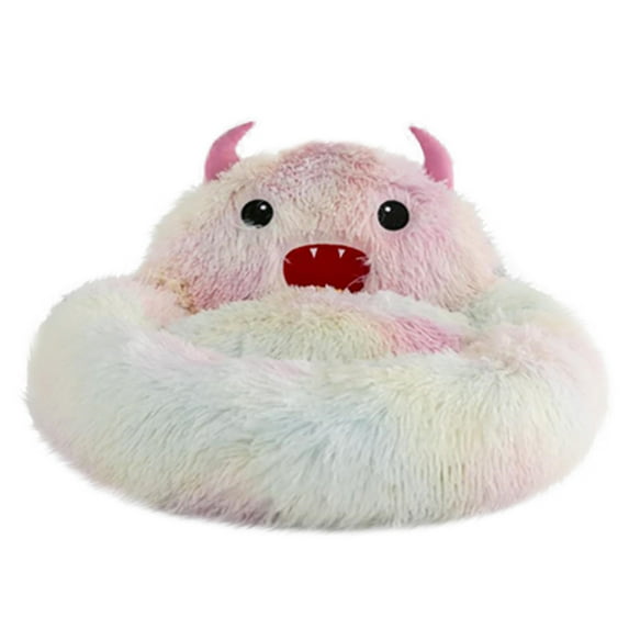PureCasa Semi-Enclosed Cute Dog Cat Bed for Fall Winter, Comfortable Long Plush Fluffy Pet Pad House Thermal Kennel, Creative Sleeping Cushion Pads for Small Cats Dogs, Round, 1 Pack, L, Multicolor