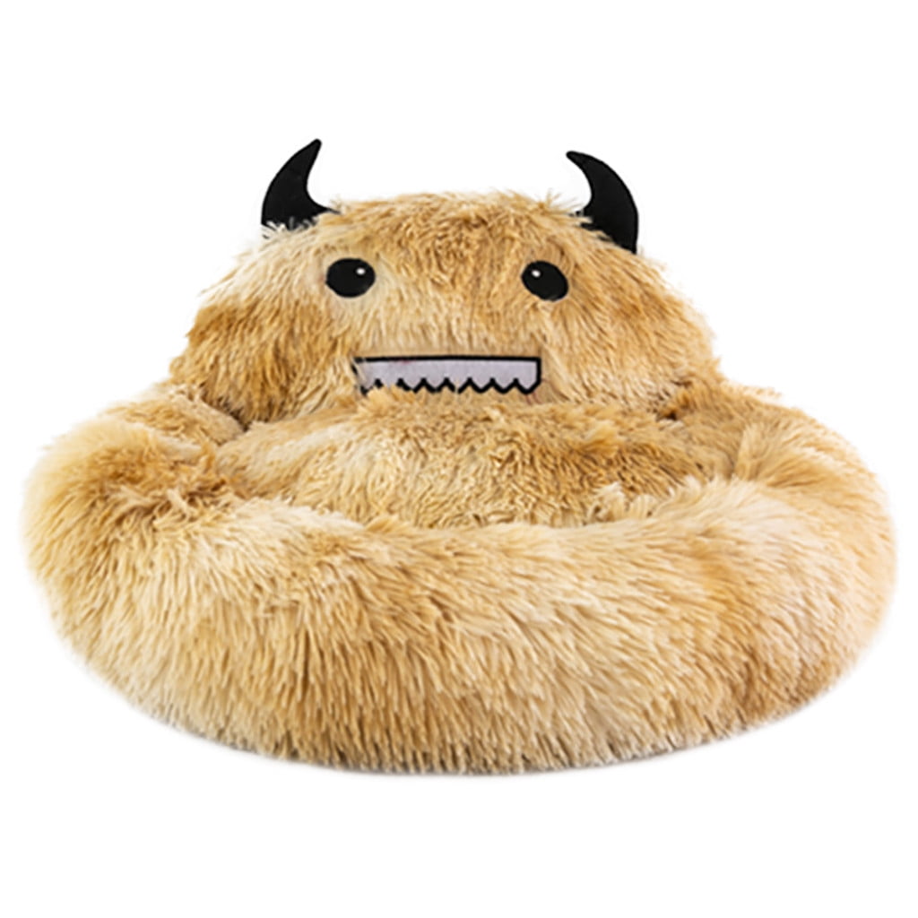 PureCasa Semi-Enclosed Cute Dog Cat Bed for Fall Winter, Comfortable Long Plush Fluffy Pet Pad House Thermal Kennel, Creative Sleeping Cushion Pads for Small Cats Dogs, Round, 1 Pack, L, Brown