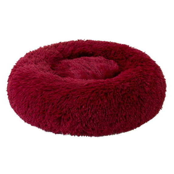 PureCasa Soft Plush Cute Cozy Dog Cat Bed, Washable Non-Slip Fluffy Pet Bed for Fall Winter, Villus Calming Donut Cushion for Small Cats Dogs, Solid Color, Round, 1 Pack, L 20"x20"x8", Wine