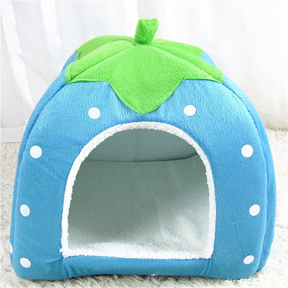 PureCasa Strawberry Style Enclosed Dog Cat Bed for Autumn Winter, Polyester Dog Cat Bed Pet Tent Kennel, Modern Home Decor Sleeping Cushion Pad for Small Cats Dogs, 1 Pack, S 6"x6"x7", Blue