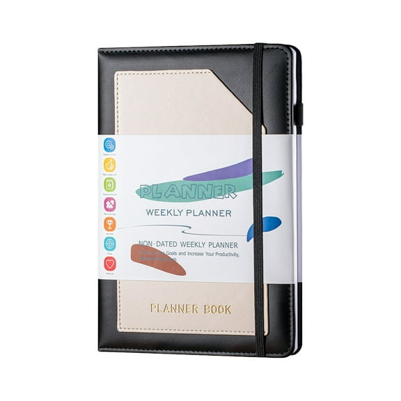 PureCasa Undated Planner Weekly & Monthly Schedule Organizer Notebook A5 Planner Notebook, Elegant Sturdy Cover with 6 Plan Sticks, 1PC, Black, 5.9"x8.3"