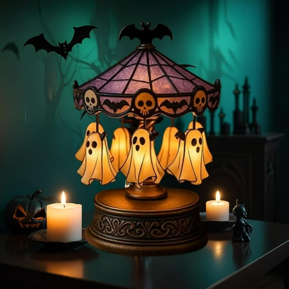 Hglyxoae Ghost Carousel Light - Halloween Desk Lamp with Stained Glass, Bats & Skeletons (Multicolor)