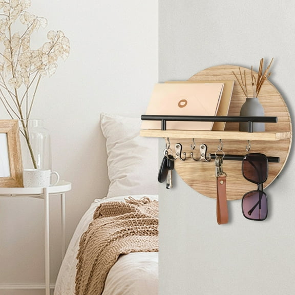 Eliaeconx Key Holder for Wall Decorative with Shelf and Hooks Unique Mail Organizer Wall Mount with Sunglasses Holder Cute Circular Entryway Key Rack Hanger Rustic Home Decor