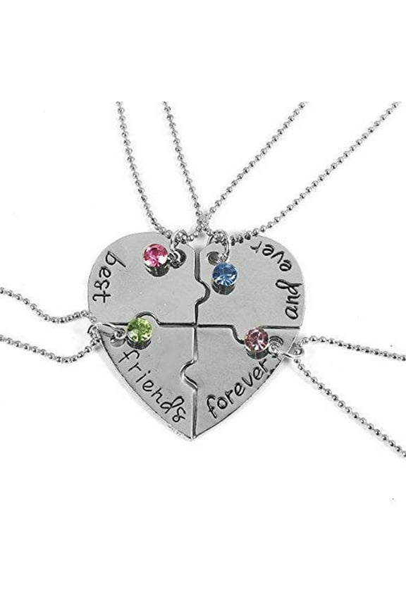 4 Pcs Best Friends Forever And Ever Necklace Engraved Puzzle Friendship 4 Pieces Pendant Necklace Set, Metal Alloy & Rhinestones