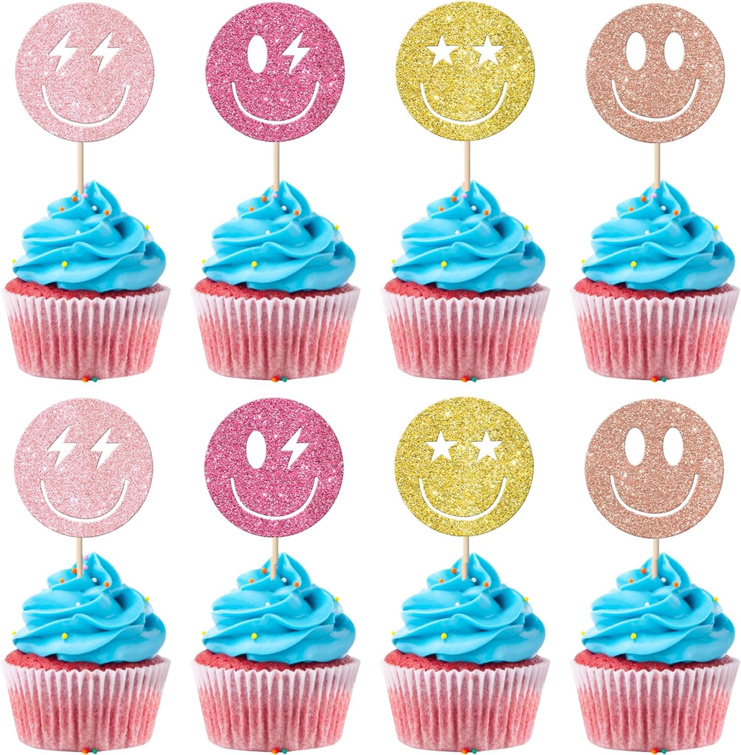 Hgudesign 24 Pack Smile Face Cupcake Tors Gold Glitter Cut Emoji ...