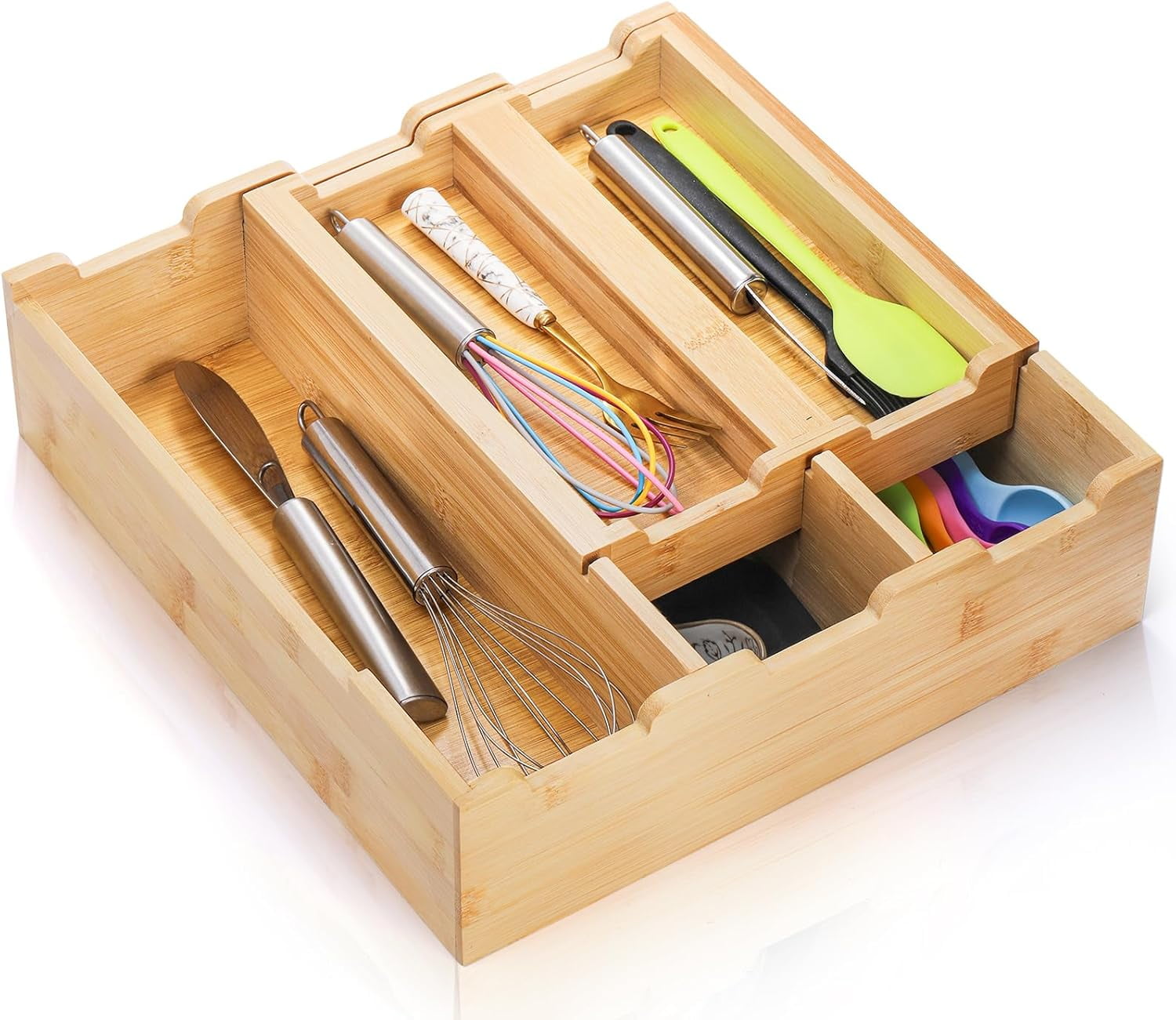 Hgudesign Bamboo Kitchen Drawer Organizer, Stackable 2-Tier Utensil ...