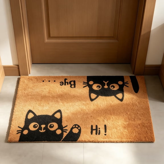 Hi Bye Cat Anti-Slip Entrance Mat, 18x30 Inch Crystal Velvet Rug, Cute Black Cat Welcome Decor, For Porch & Entryway