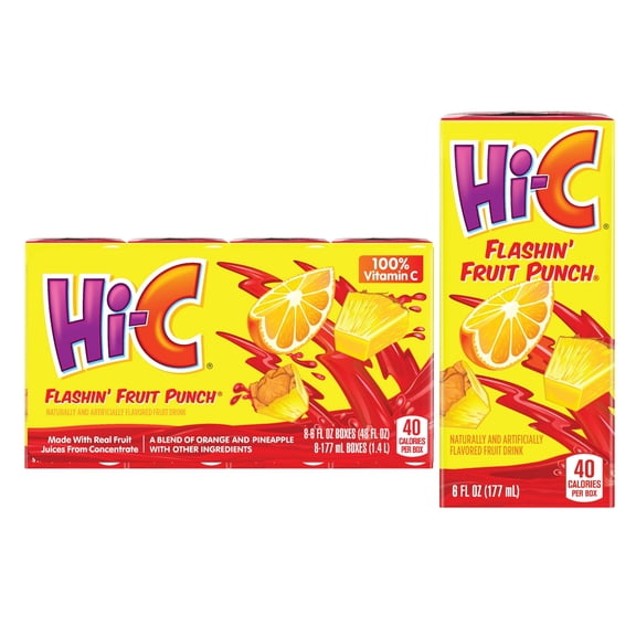 Hi-C Flashin' Fruit Punch Juice Drink Cartons, 6 fl oz, 8 Pack