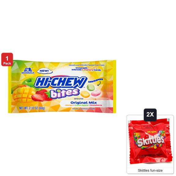 Hi-Chew Bites Bag Original Mix, Mango, Green Apple and Strawberry, 2.12 oz, with 2 Skittles Fun Size