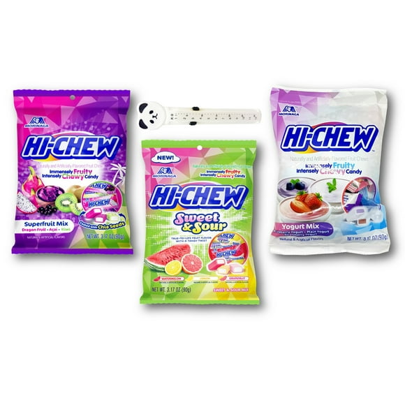 Hi-Chew Chewy Fruit Candy Peg Bag 3-Flavor Bundle; Superfruit, Sweet & Sour, and Yogurt Mix, 3.17 oz. Each with Storage Bag Clip (4-Pc Set)