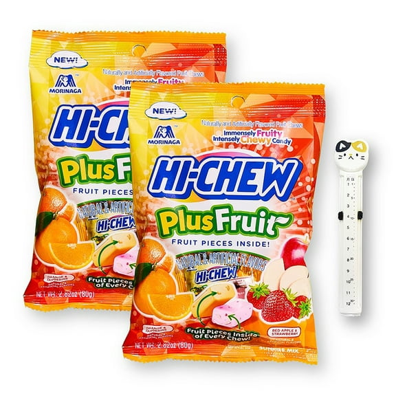 Hi-Chew PLUS FRUIT 3 Flavors by Morinaga Fruit Chew Candy Peg Bag with 1 Animal Design Calendar Storage Bag Clip 3.17 Oz. (Pack of 2)