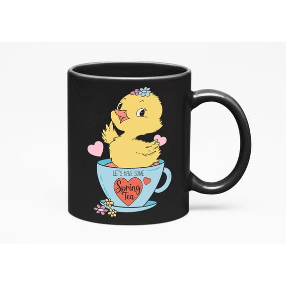 Hi Chicky, Let's Have Some Spring Tea, Chick in a Cup Art Merch Gift, Black 11oz Ceramic Mug