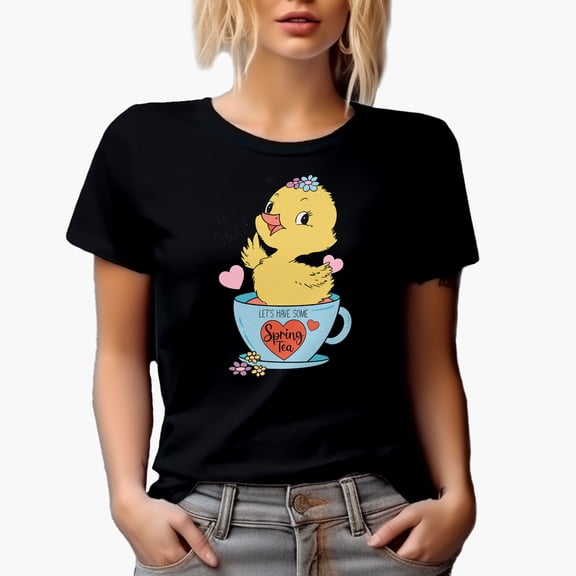 Distressed Hi Chicky, Let's Have Some Spring Tea, Chick in a Cup Art Merch Gift, Black T-Shirt, Small
