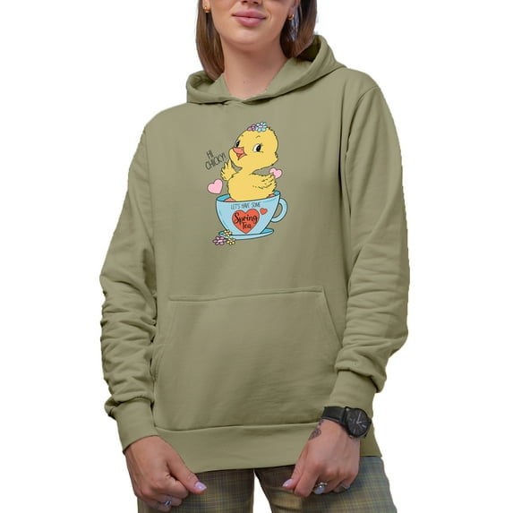Hi Chicky, Let's Have Some Spring Tea with a Chick in a Cup Art Merch Gift, Sand Hooded Sweatshirt or Hoodie, 2XL