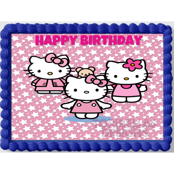 Hi Cute Kitty Edible Image Happy Birthday Cake Topper For 1/4 to 1/2 sheet Cake 10" by 8" rectangle Edible Sticker You Add To Your Own Cake