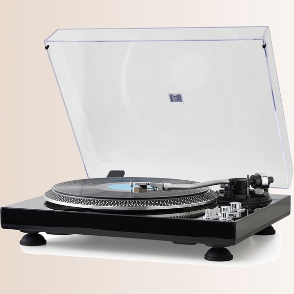 Hi-Fi Belt-Drive Turntable with Premium Cartridge, Pitch Control, Auto-Return Tonearm, 2-Speed Vinyl Player, Glossy Black Finish