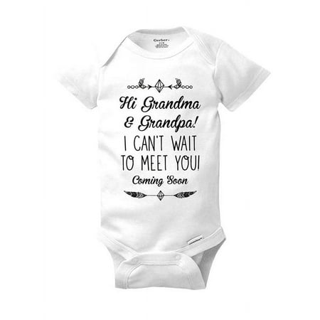 Hi Grandma & Grandpa! I can't wait to meet you! Coming Soon - cute & funny surprise baby birth pregnancy announcement - White Newborn Size (0-3 Mos) Unisex Baby Bodysuit