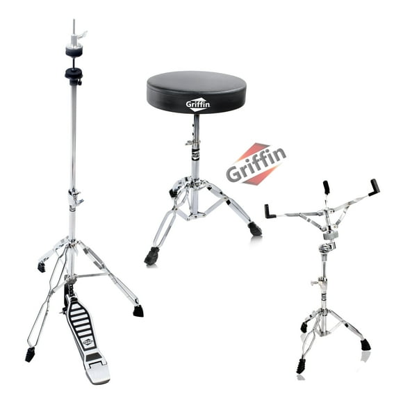 Hi-Hat Stand, Drummers Throne Seat & Snare Stand - 3 PACK Drum Hardware Set by Griffin Deluxe Chrome Slip-Proof Gear Holder Percussion Kit for Mounting Hihat Cymbals, and Snare Drums