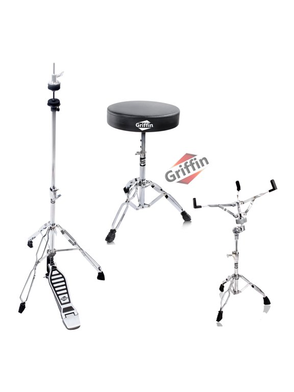Hi-Hat Stand, Drummers Throne Seat & Snare Stand - 3 PACK Drum Hardware Set by Griffin Deluxe Chrome Slip-Proof Gear Holder Percussion Kit for Mounting Hihat Cymbals, and Snare Drums