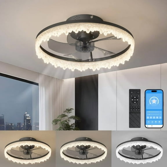 Hi-LIGHTS, 16" Smart Crystal Ceiling Fan with Dimmable Lights(APP & Remote Control) with Invisible Blades,Adjustable Color Temperature for Living Room,Bedroom,Dining Room,Study Room,Office(Black)