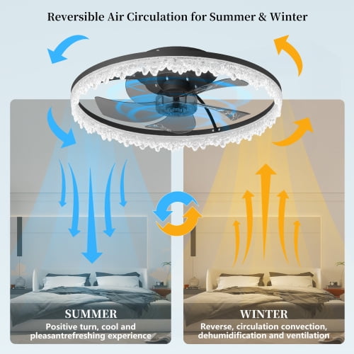 Hi-LIGHTS, 20" Smart Crystal Ceiling Fan with Dimmable Lights(APP & Remote Control) with Invisible Blades,Adjustable Color Temperature for Living Room,Bedroom,Dining Room,Study Room,Office(Black)