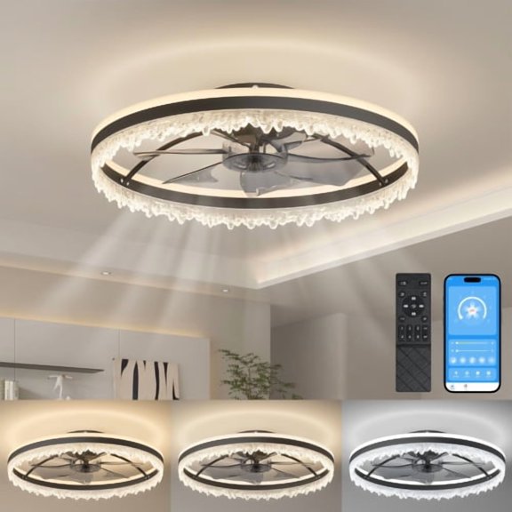 Hi-LIGHTS, 24" Modern Dimmable LED Ceiling Fan with Light(APP & Remote Control) with Invisible Blades,Adjustable Color Temperature for Living Room,Bedroom,Dining Room,Study Room,Office(Black)