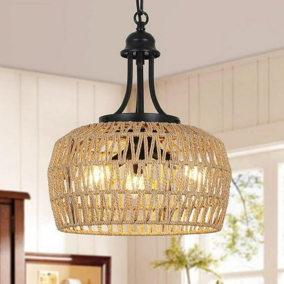 Hi-LIGHTS,3-Light Boho Rattan Farmhouse Chandelier Light Fixture with Woven Lampshade,Small Wicker Coastal Pendant Light for Dining Room,Bedroom,Kitchen Island,Hallway(Brown+Black)