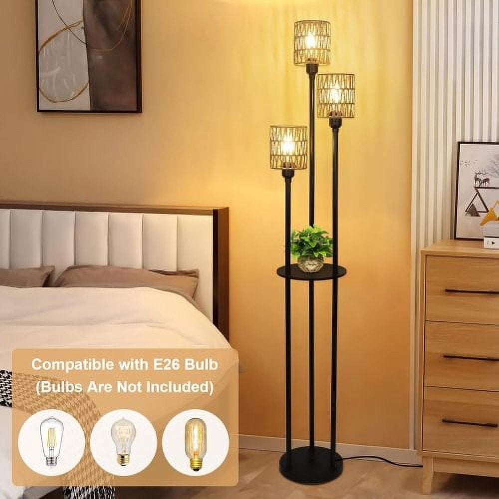 Hi-LIGHTS,3-Lights Boho Floor Lamp with Shelves & ON/OFF Foot Switch,Farmhouse Tall Floor Lamp,Rustic Standing Lamp with Rattan Shades for Living Room,Bedroom,Office(Black+Brown)