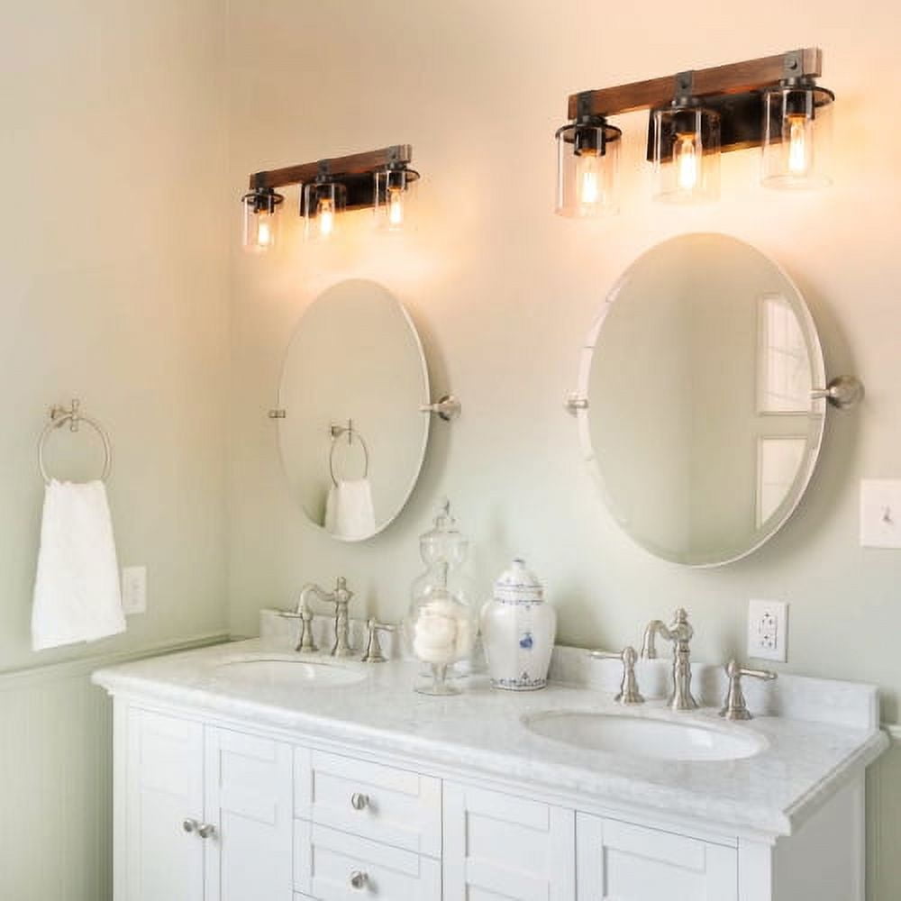 Hi-LIGHTS,3-Lights Farmhouse Rustic Bathroom Light Fixture with Glass Lampshade(Bulbs Not Included),Vanity Lights Fixture for Bathroom,Dressing Room,Bedroom,Living Room(Black)