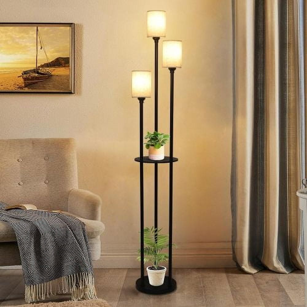Hi-LIGHTS,3-Lights Modern Floor Lamp with Shelves & Foot Switch,Tall Floor Lamp,Industrial Standing Lamp with Linen Shade for Living Room,Bedroom,Office(Black+Brown)