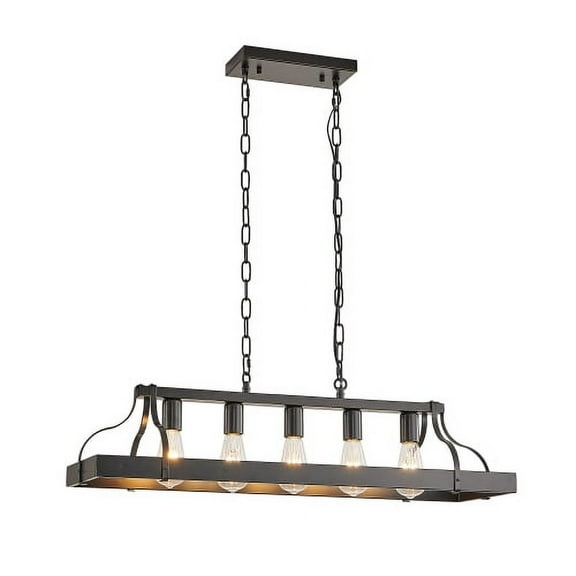Hi-LIGHTS,33.7-Inch Height Adjustable Modern Farmhouse Linear Chandelier(Bulb Not Included),Industrial Pendant Light with 5*E26 Bulb Sockets for Dining Room,Kitchen Island,Living Room(Black)