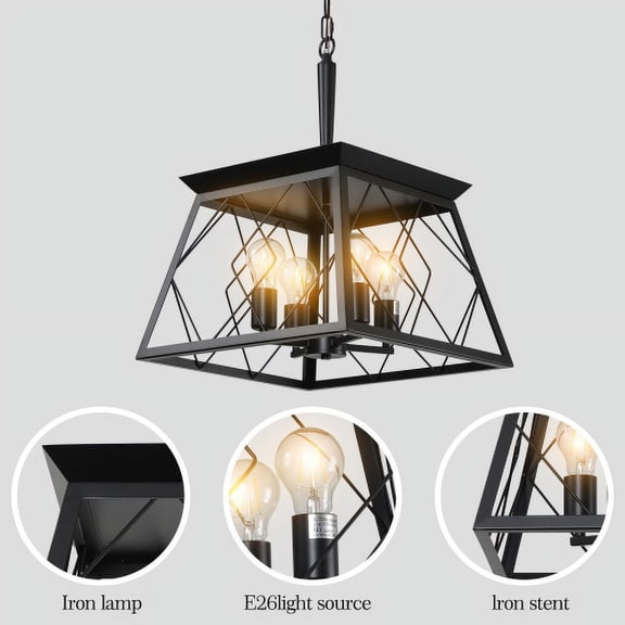 Hi-LIGHTS,4-Light Height Adjustable Farmhouse Chandeliers Ceiling Light(Bulbs Not Included) for Living Room,Bedroom,Dining Room,Kitchen Island(Black)