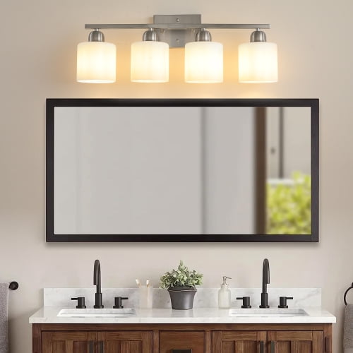 Hi-LIGHTS, 4-Light Modern Vanity Light Over Mirror with E26 Socket(Bulbs Not Included),Bathroom Light,Wall Sconces with Frosted Glass Shades for Bathroom,Dressing Room,Living Room,Bedroom(Chrome)