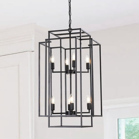 Hi-LIGHTS,8-Light Height Adjustable Lantern Tiered Pendant Light Fixtures(Bulbs Not Included),Industrial Farmhouse Hanging Chandelier for Living Room,Hallway,Dining room,Kitchen,Farmhouse(Black)