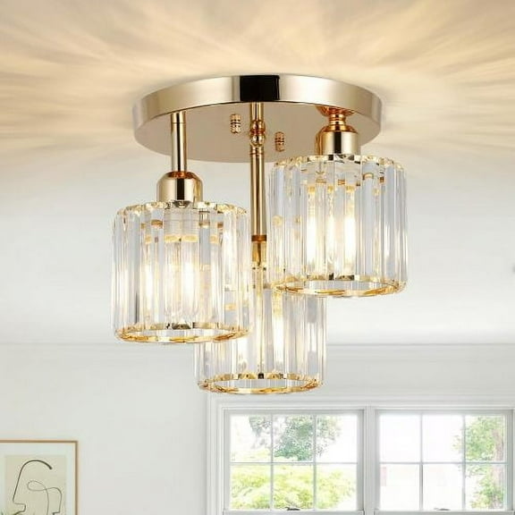 Hi-LIGHTS,Crystal 3-Light Semi Flush Mount Ceiling Light(Bulb Not Included),Light Fixtures Ceiling Lamp with Clear Crystal Shades for Kitchen,Entryway,Bedroom,Bathroom,Foyer(Golden)
