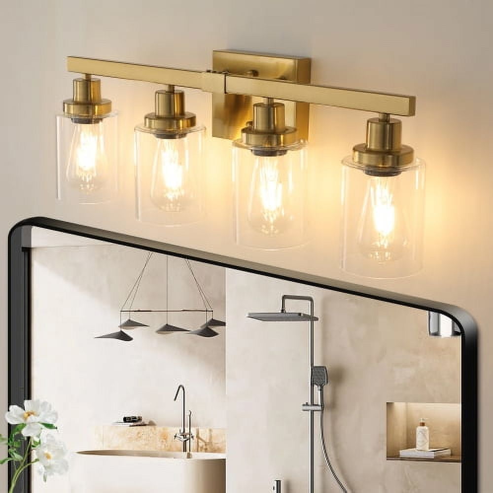 Hi-LIGHTS,Golden 4-Light Vanity Light with Clear Glass Shades(Bulbs Not Included),Bathroom Wall Fixture for Bathroom,Dressing room,Living Room,Bedroom(Golden)