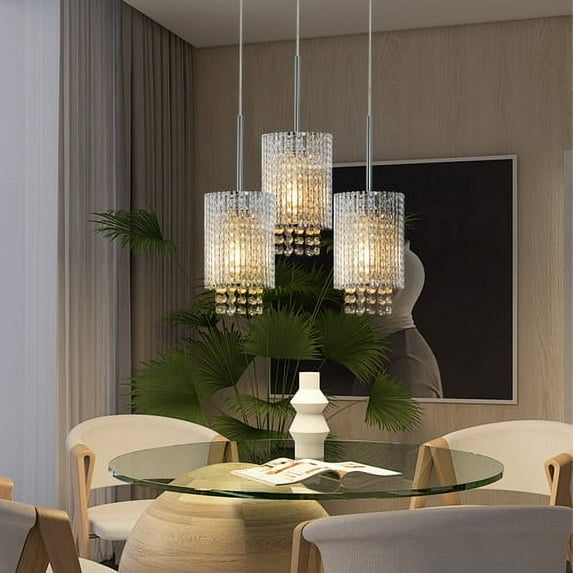 Hi-LIGHTS,Modern Crystal Elegant Design Pendant Light Set(3PCS) with Clear Beads & Height Adjustable(Bulbs Not Included),Hanging Ceiling Lamp for Dining Room,Kitchen Island,Living Room(Chrome)