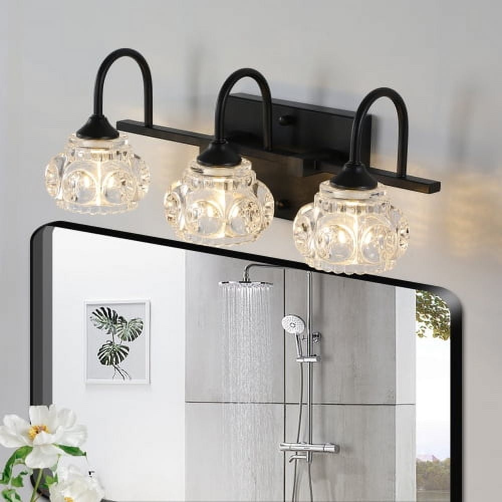 Hi-LIGHTS,Retro 3-Light Bathroom Vanity Light Fixture with Crystal Glass Shades(Bulbs Not Included),Wall Mounted Lighting for Bathroom,Dressing Room,Powder Room and Vanity Mirror(Black）
