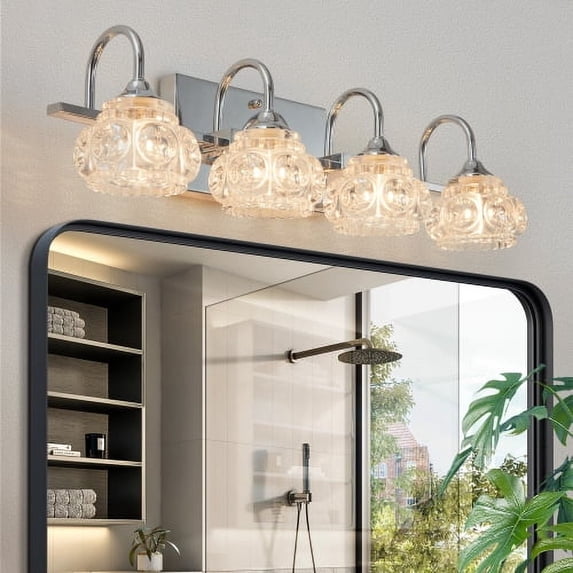 Hi-LIGHTS,Retro 4-Light Bathroom Vanity Light Fixture with Crystal Glass Shades(Bulbs Not Included),Wall Mounted Lighting for Bathroom,Dressing Room,Powder Room and Vanity Mirror(Brushed Nickel)