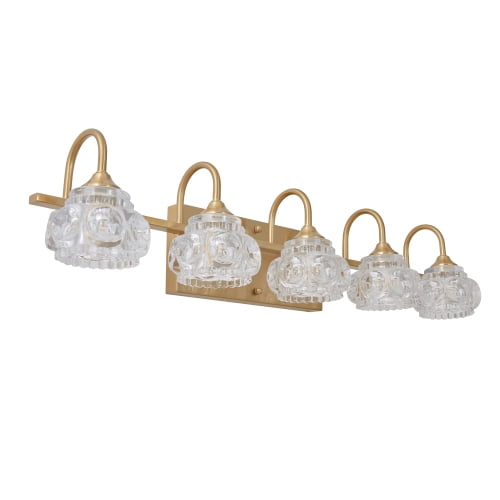 Hi-LIGHTS,Retro 5-Light Bathroom Vanity Light Fixture with Crystal Glass Shades(Bulbs Not Included),Wall Mounted Lighting for Bathroom,Dressing Room,Powder Room and Vanity Mirror(Golden）