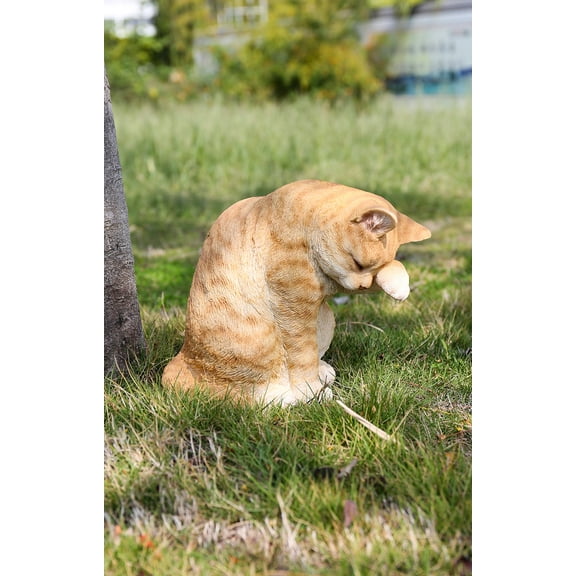 Hi Line 10.25 American Shorthair Washing Orange Tabby Cat Garden Statue, Realistic